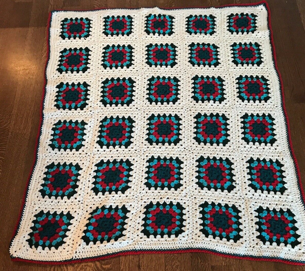 Handmade Crochet Granny Squares Afghan Blanket Throw 55x47 Green Red White Blue gallery