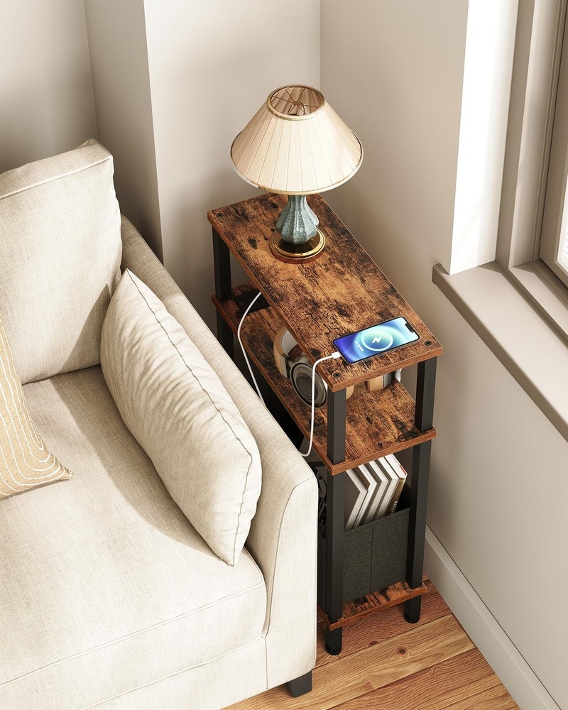 Small Narrow Side Table Charging Station Skinny End Table Rustic Brown Black