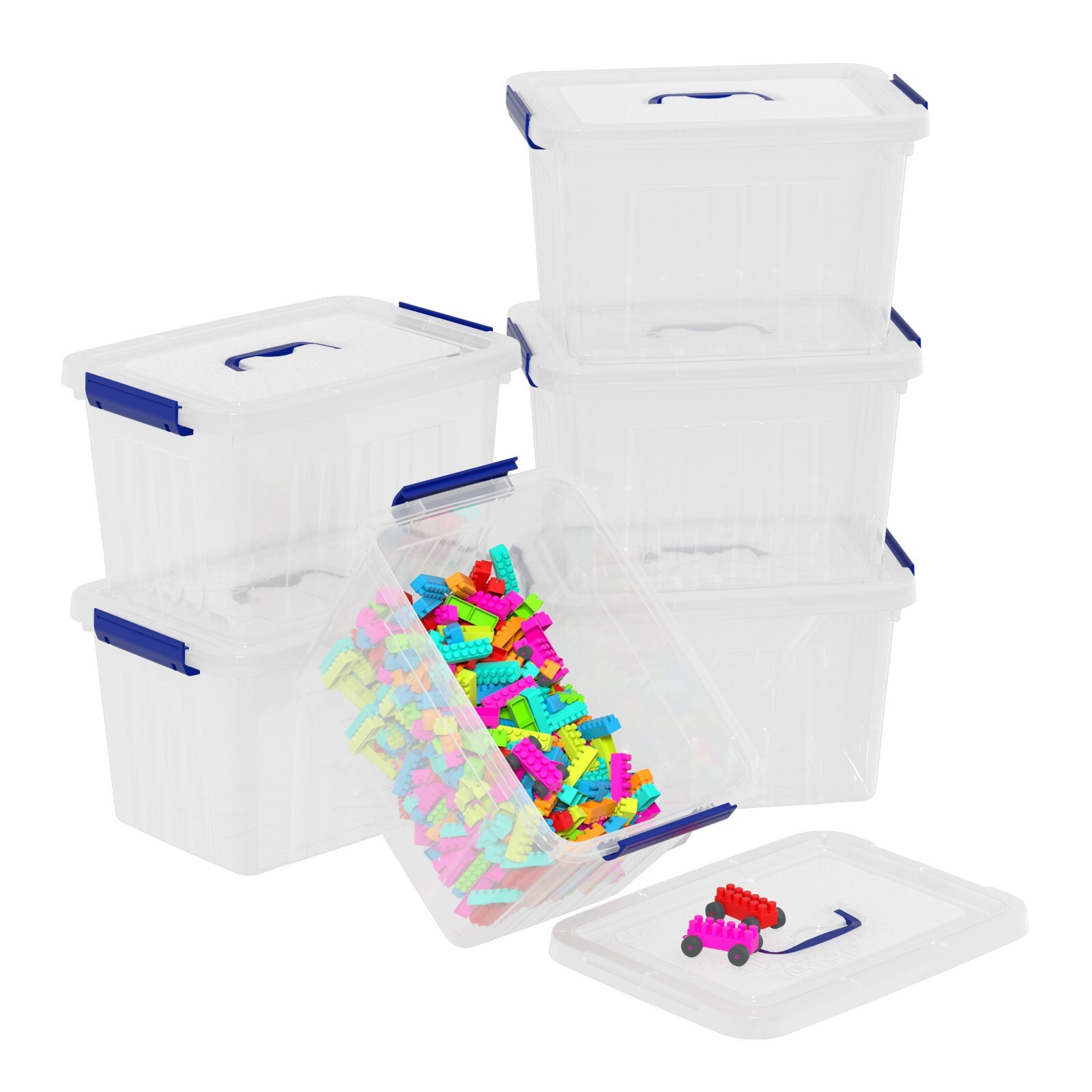 Cand 12 Qt Clear Plastic Stackable Storage Bin w/ Blue Latch Lid, (6 Pack) gallery