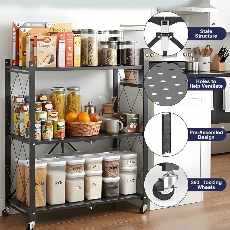 3/4/5Tier Foldable Storage Shelves With Wheels Metal Wire Shelf Rack No Assembly gallery