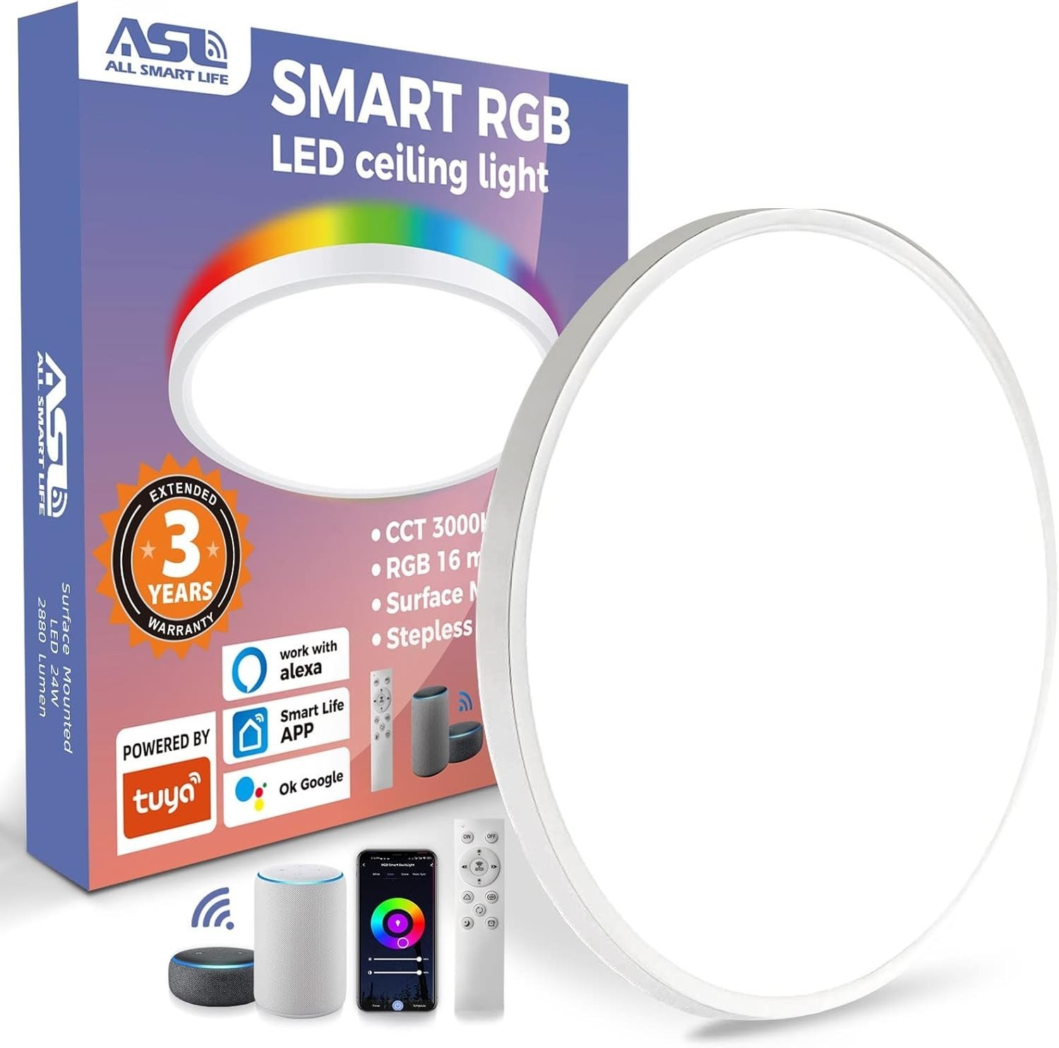 All Smart Life ASL RGB LED Ceiling Light 12 Inch 24W 2880lm Dimmable 3000K-6500K gallery