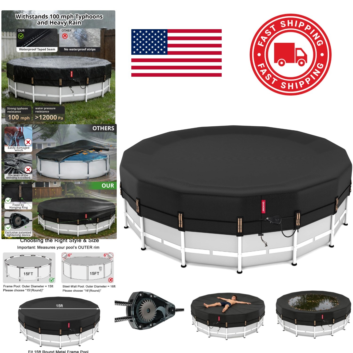 Tear Resistant 15ft Pool Cover Snug Fit for Above Ground Pools in Solid Black gallery
