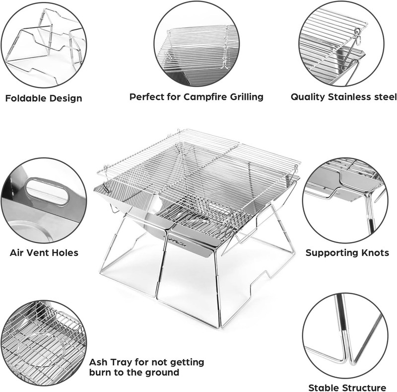 Folding Campfire Grill Portable Stainless Steel Camping BBQ Grate with Carry Bag gallery