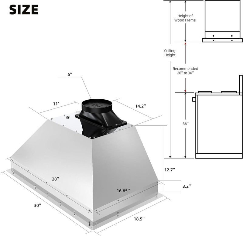Insert Range Hood ‎Stainless Stee 900 CFM Built-in Kitchen Vent Convertible 30in gallery