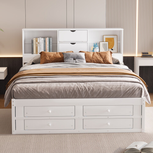 Queen King Size Platform Bed with Storage Drawers Bookcase Headboard Bed Frames gallery
