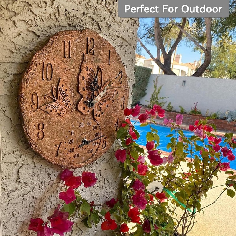 Hanging Wall Clock, Includes a Thermometer, Ideal for Indoor and Outdoor Use, Wo gallery