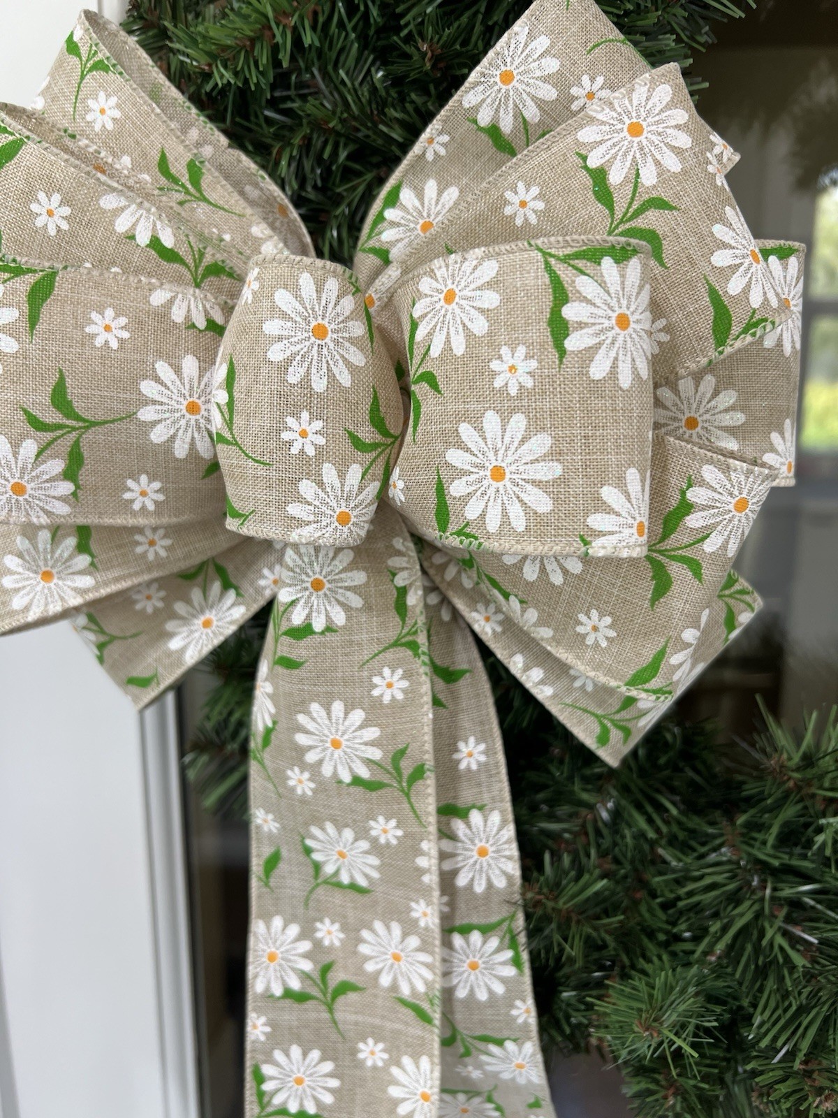 Handmade Summer Spring Tan Daisy Flower Bow 10 x 16 in. Bow for Wreath or Swag gallery