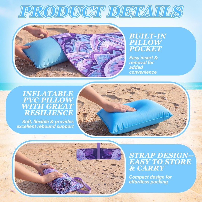 2 in 1 Microfiber Beach Towel with Round Inflatable Pillow 71'' x 32'' Mandal... gallery