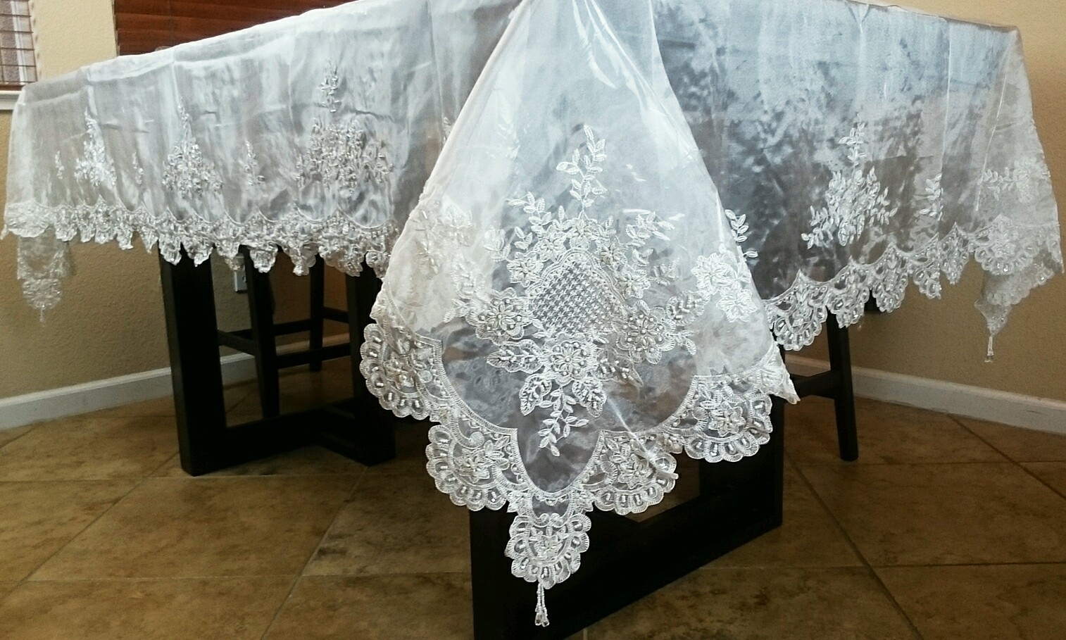 54x72" Handmade Beaded Pearl Embroidered Sheer Tablecloth Napkins Wedding Bridal gallery