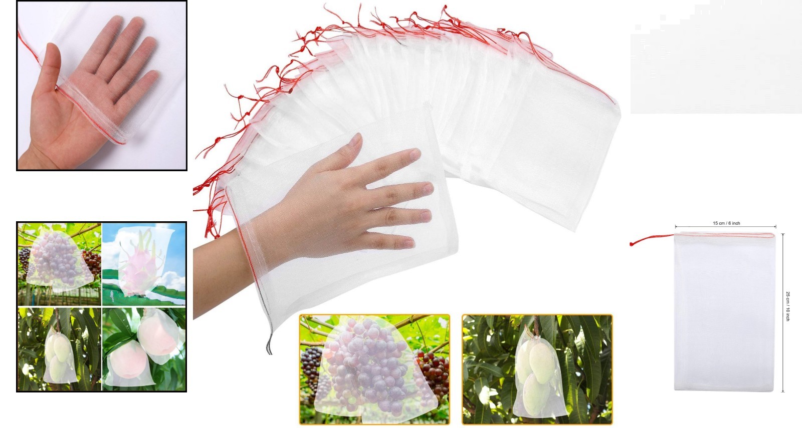 50 Pcs 10"x6" White Fruit Protection Netting Bags with Drawstring for Garden Use gallery