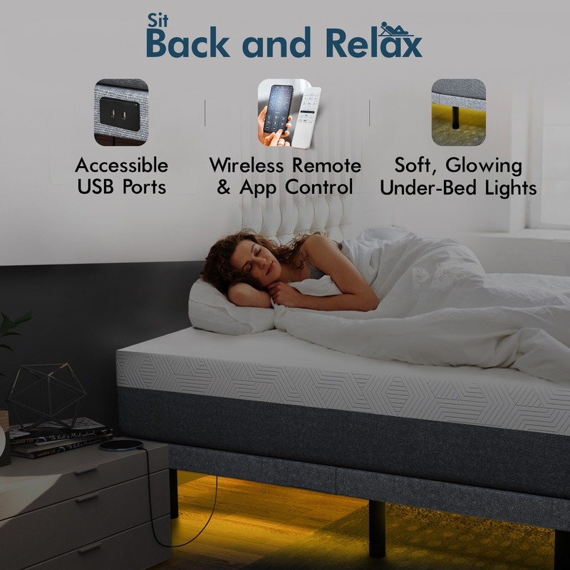 Adjustable Bed Frame with 12" Cooling Gel Memory Mattress, Massage, USB, APP gallery