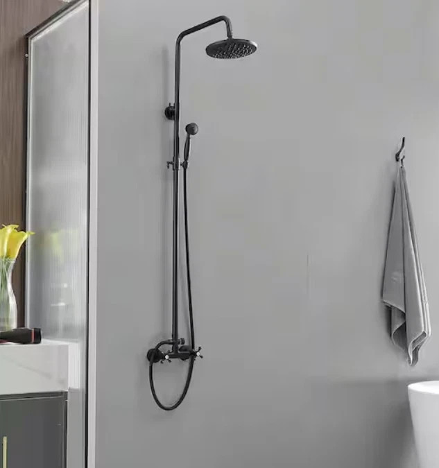 BWE 2-Spray Outdoor Wall Bar Shower Kit 8 in. Round Rain Shower Head Matte Black gallery