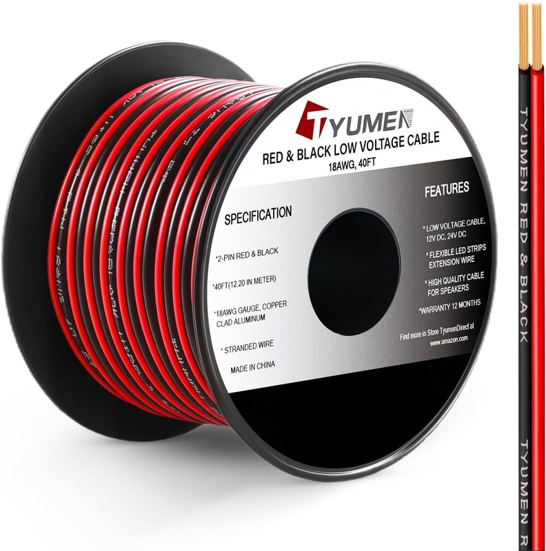 40FT 18 Gauge LED Strip Connection Wire - Water-Resistant Red & Black PVC Cable gallery