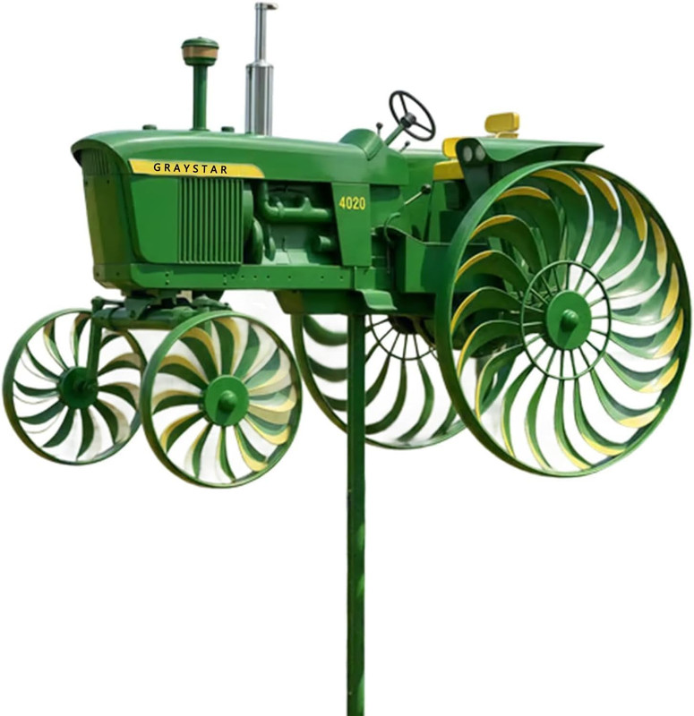 Garden Wind Spinner, Green Tractor Windmill Stake with Rotating Wheels for Patio gallery