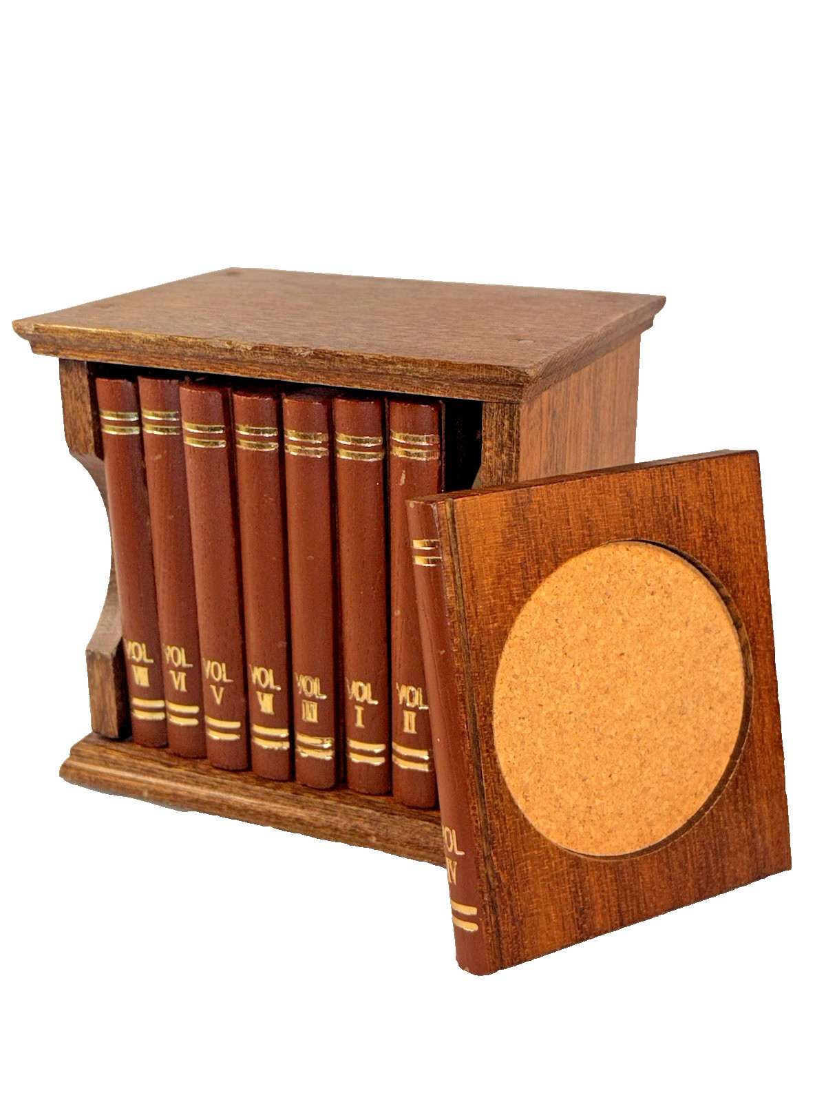 Vintage Wood Book Coaster Set 8 Pc Cork Backed Bookshelf Drink Cup Holder gallery