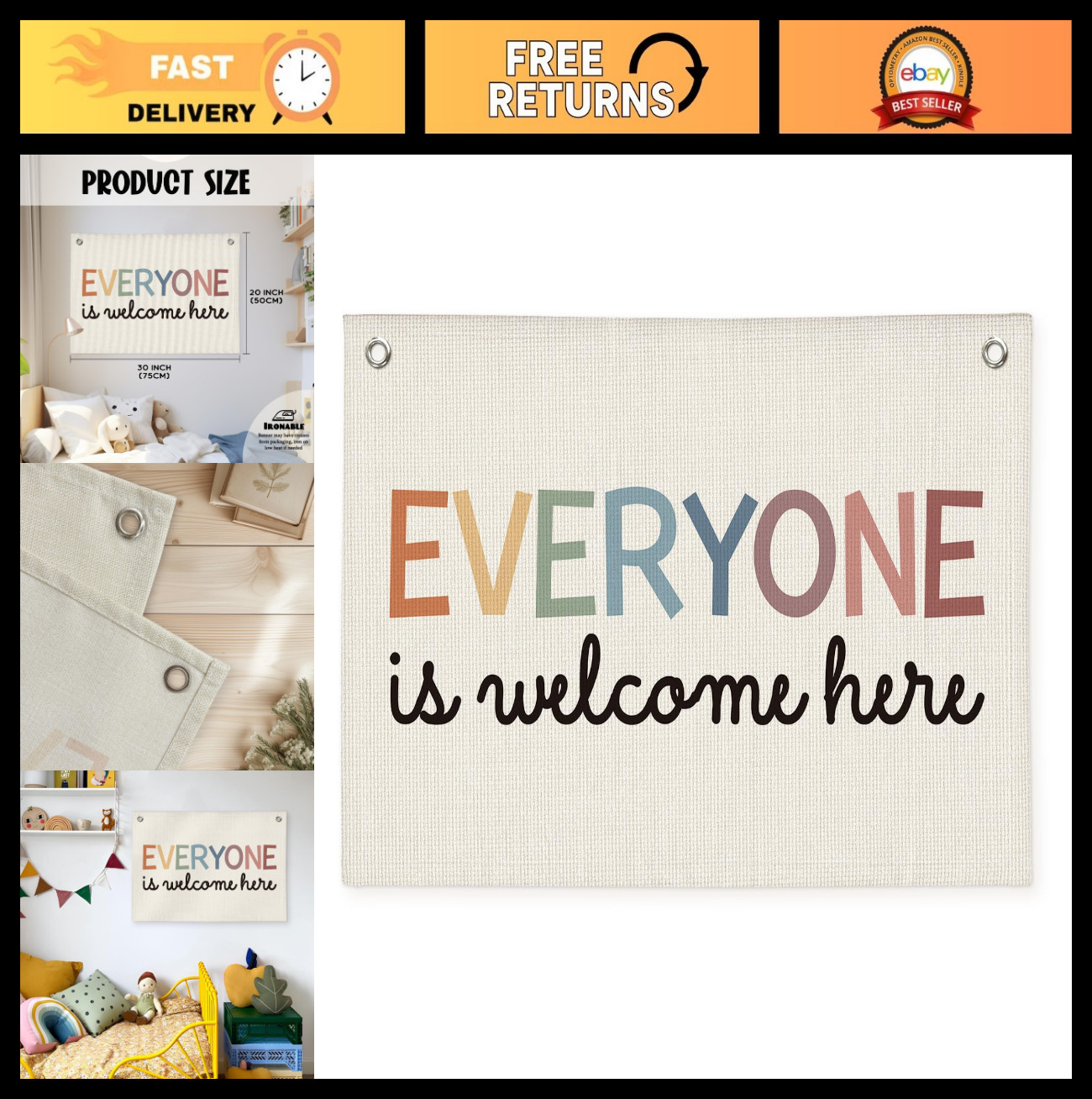 Boho Welcome Sign for Classroom - Cute Neutral Linen Canvas Banner Decor for Tea gallery