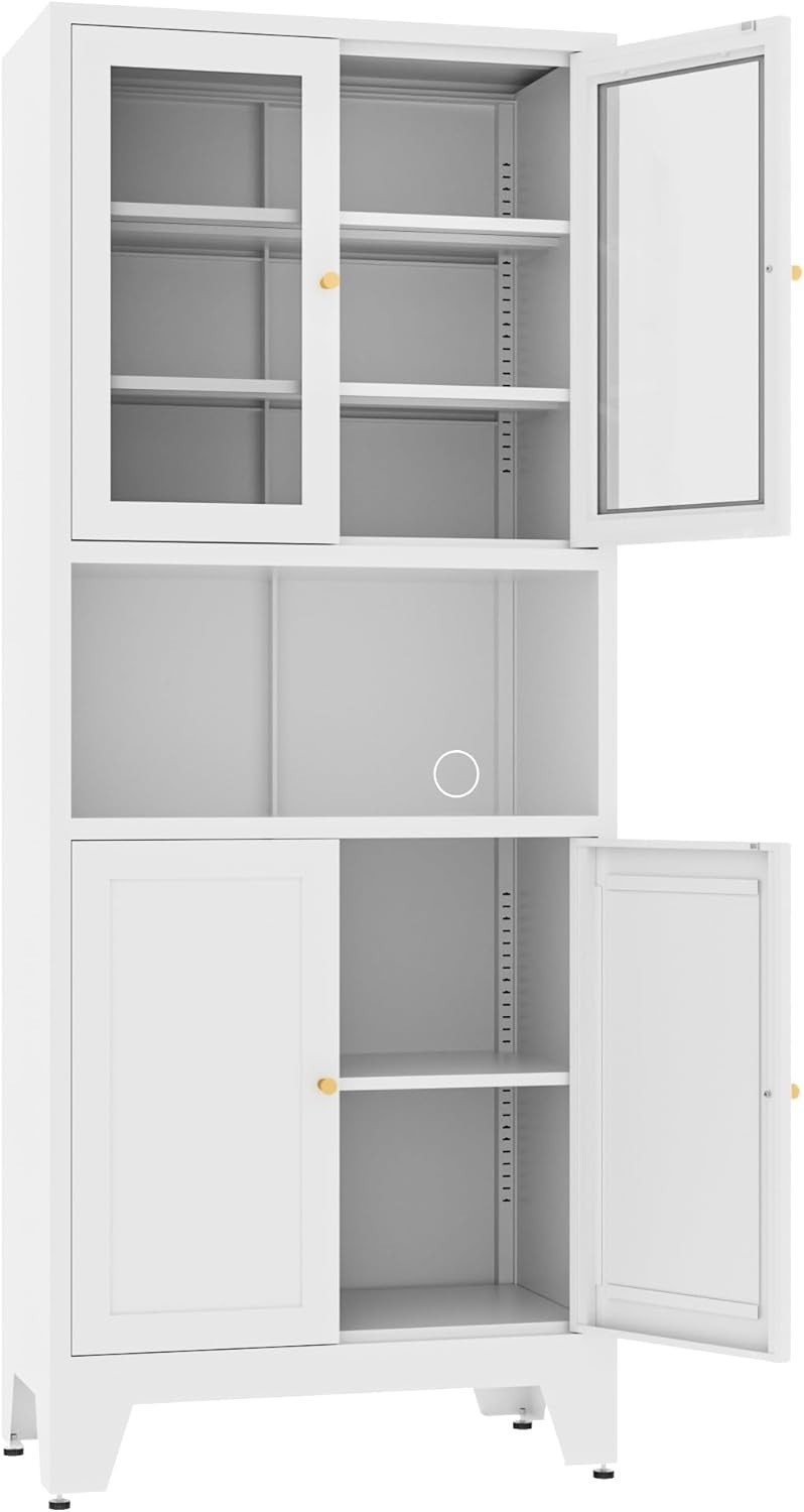 69" Metal Kitchen Pantry Storage Cabinet With Glass Doors For Kitchen, Office gallery