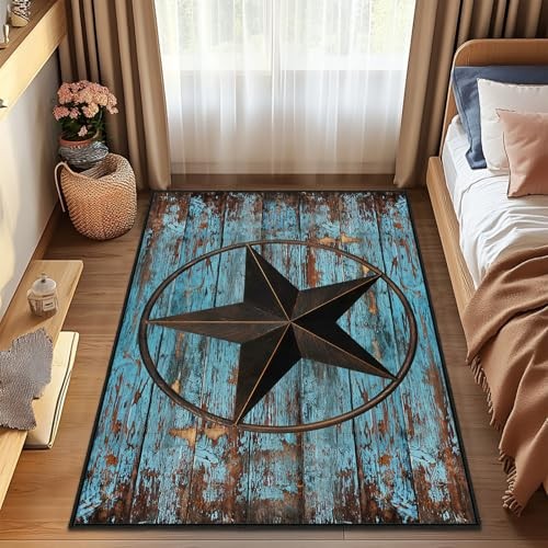 Western Area Rug 4x6,Rustic Barn Texas Star on Old Wooden Plank,Teal Carpets gallery