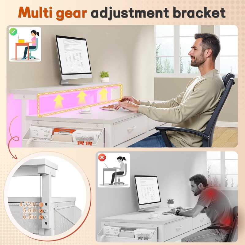 Small 32 Inch White Computer Desk with 2 Drawers LED Lights And Monitor Stand gallery