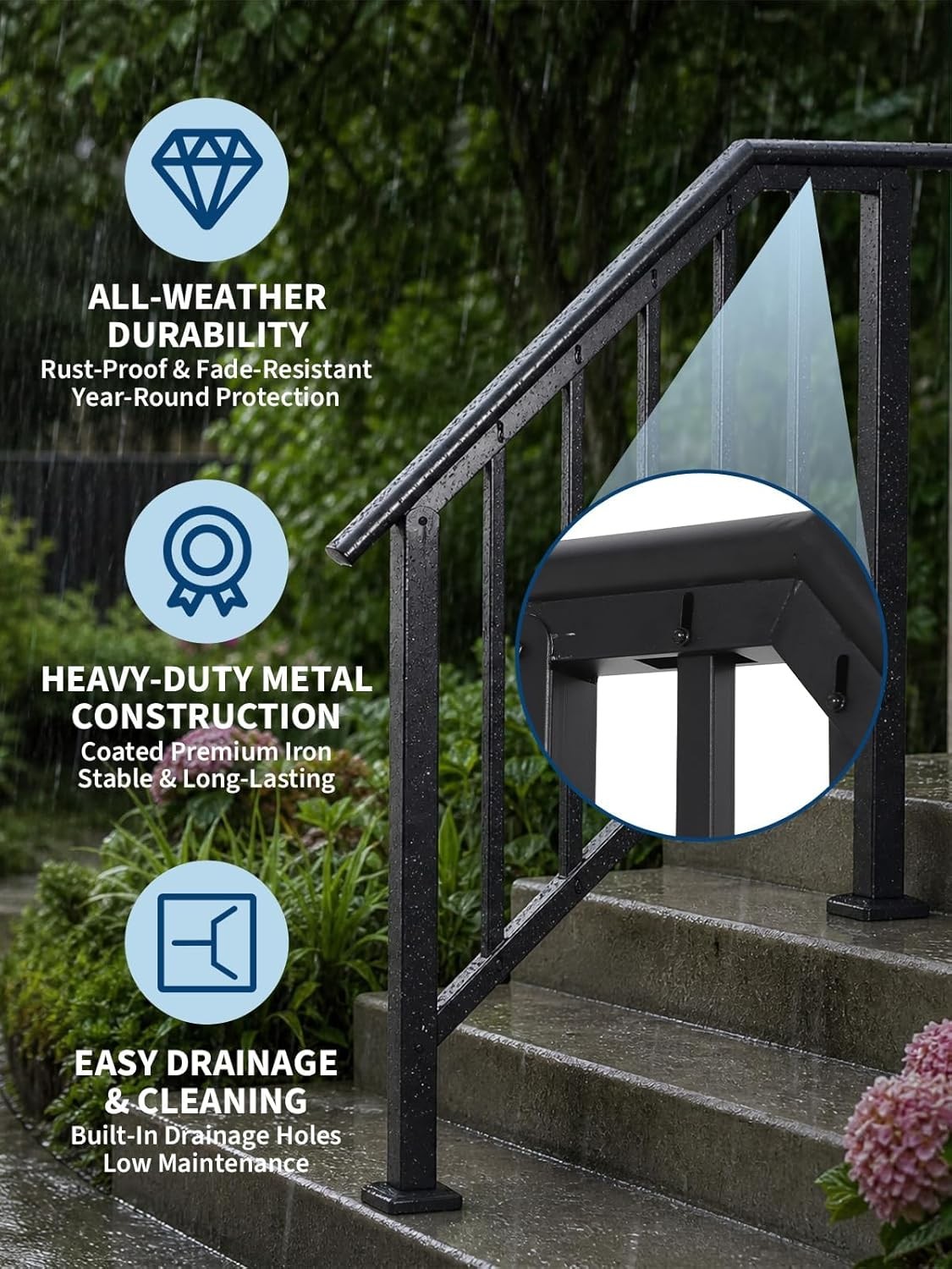 2/3/4 Steps Outdoor Handrails Adjustable Stair Handrail Railing with Balusters gallery