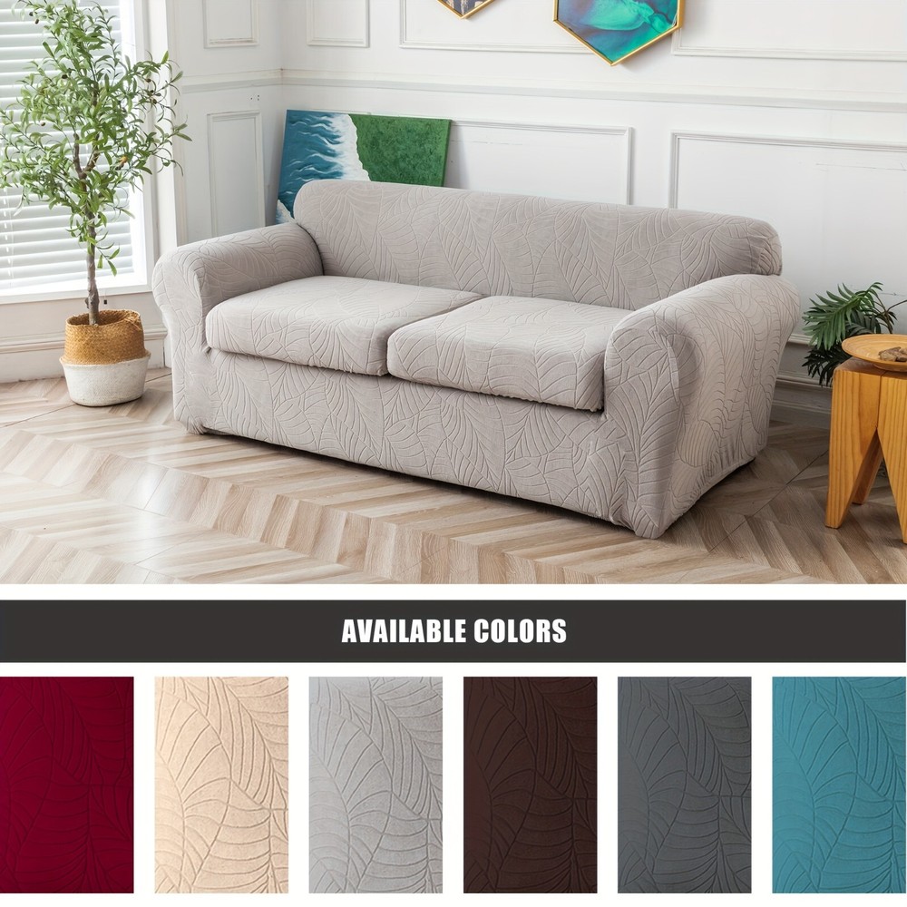 Waterproof leaf textured jacquard stretch sofa cover with cushion cover - soft