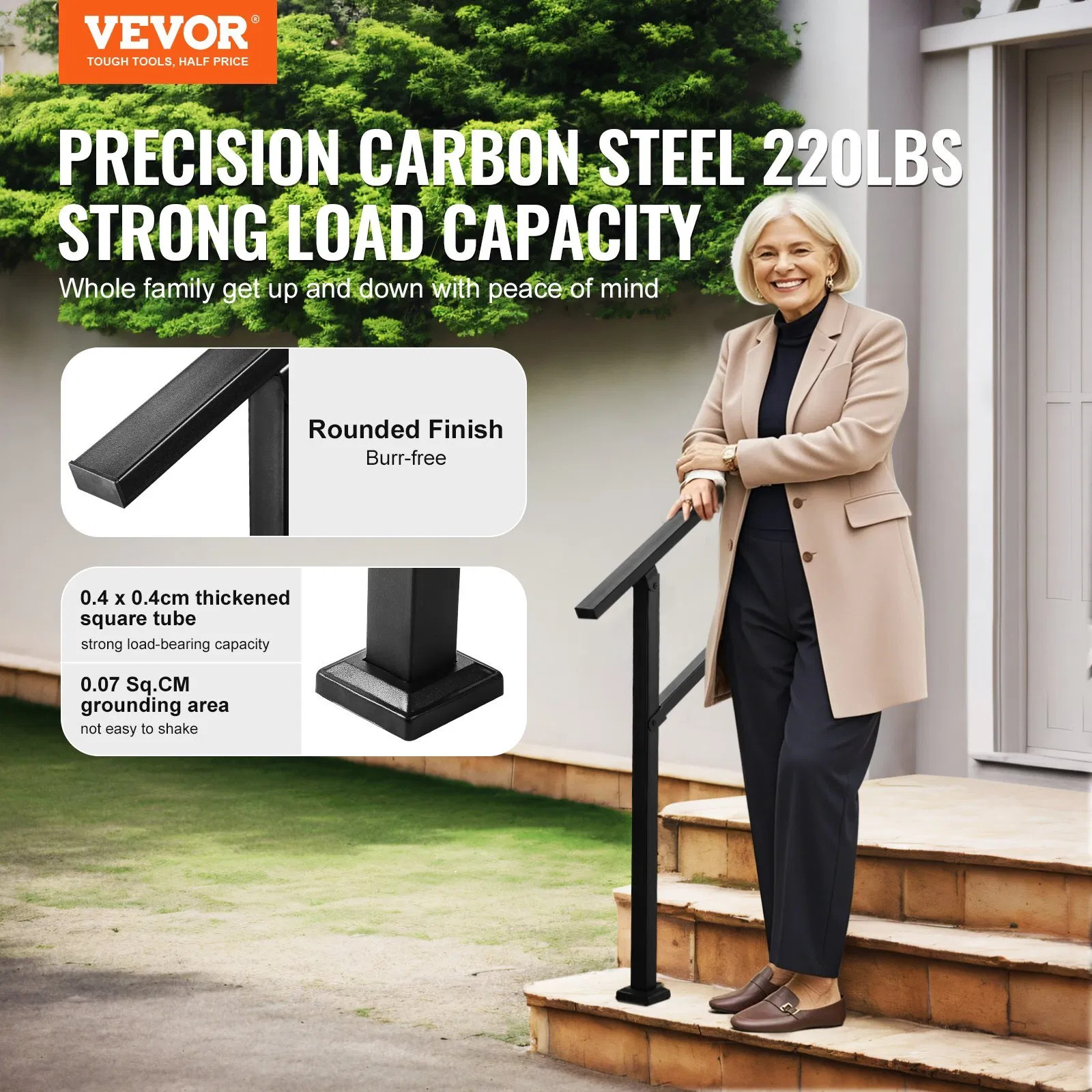 Outdoor Handrails for Steps, 2-3 Step Stair Rail Kit, Black Square Tube with Ho gallery