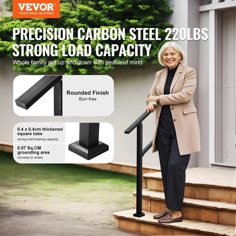 Outdoor Handrails for Steps, 2-3 Step Stair Rail Kit, Black Square Tube with Ho gallery