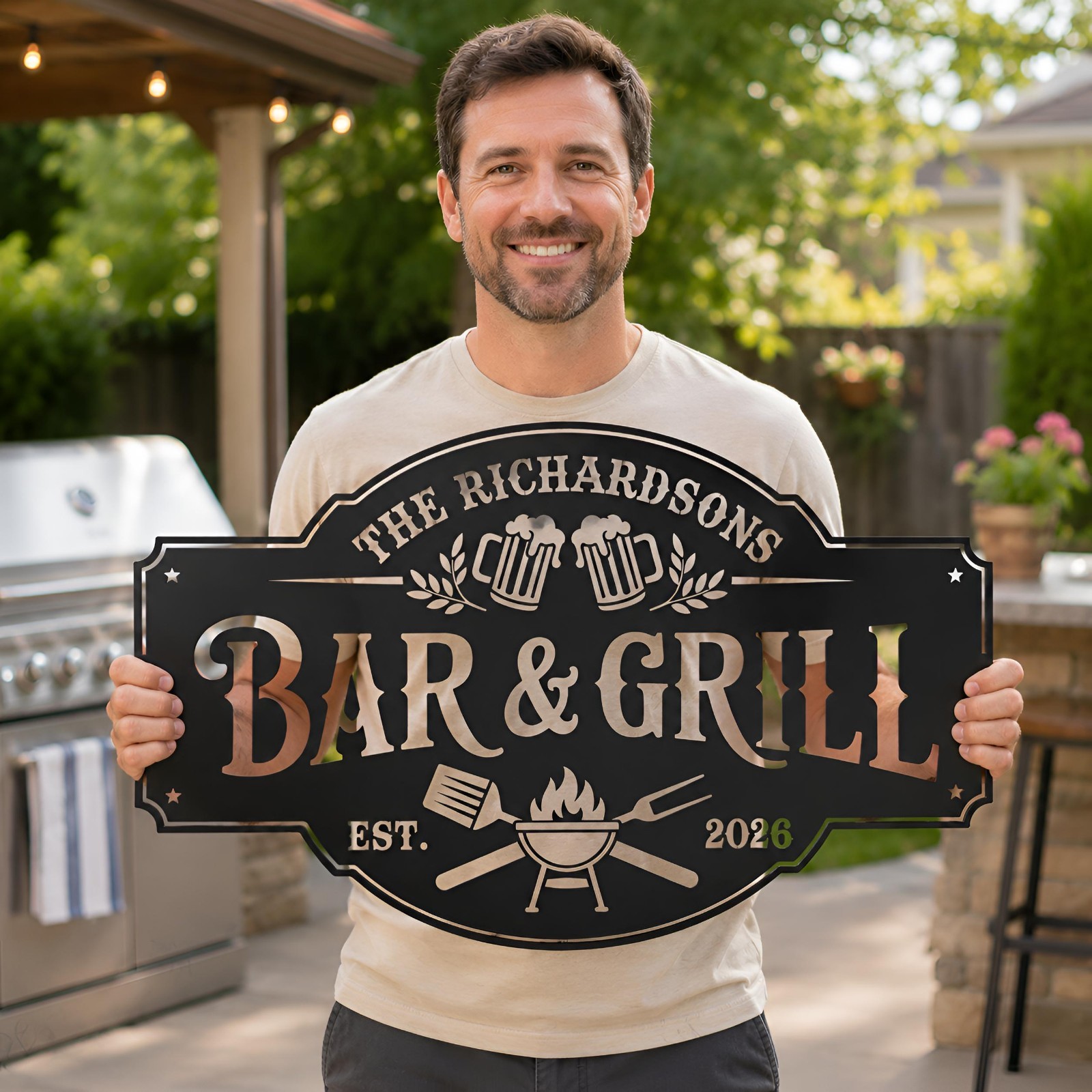 Personalized Bar and Grill Sign With Led Light, Home Bar Decor, Backyard BBQ gallery
