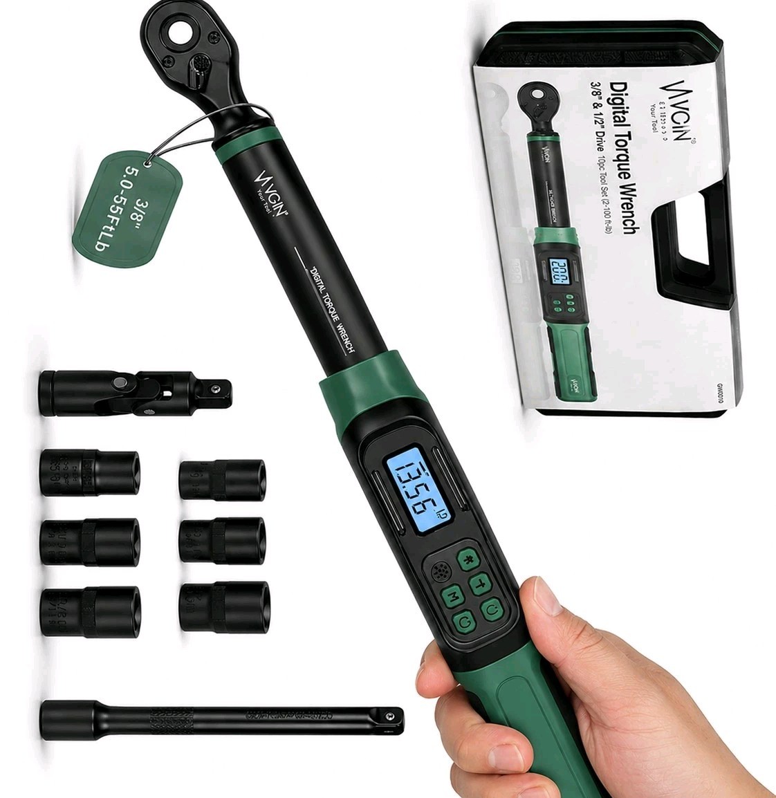 VCAN ACTIVE 3/8 Digital Torque Wrench Set 5-99.6 ft-lb Complete SET NEW gallery