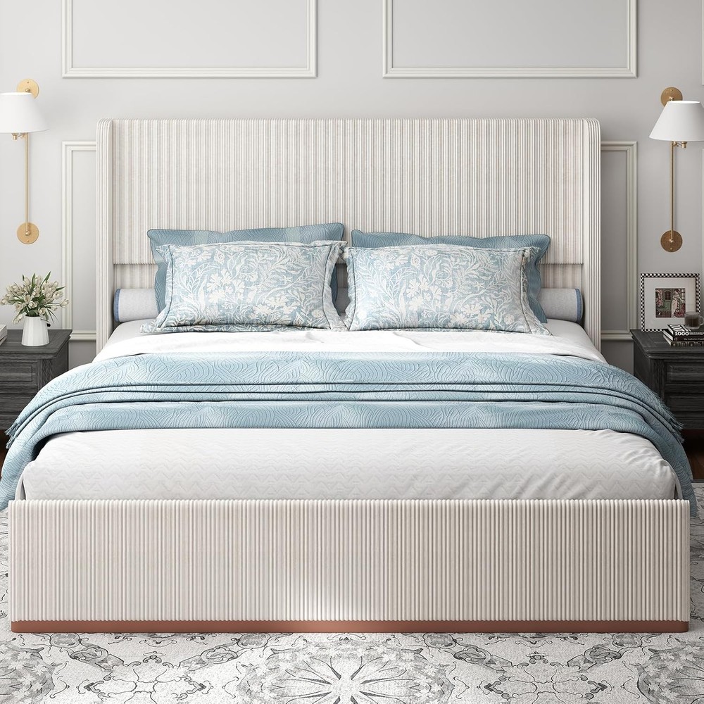 Wingback King Size Bed Frame Platform Bed with Corduroy Upholstered Headboard