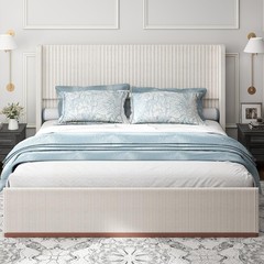 Wingback King Size Bed Frame Platform Bed with Corduroy Upholstered Headboard