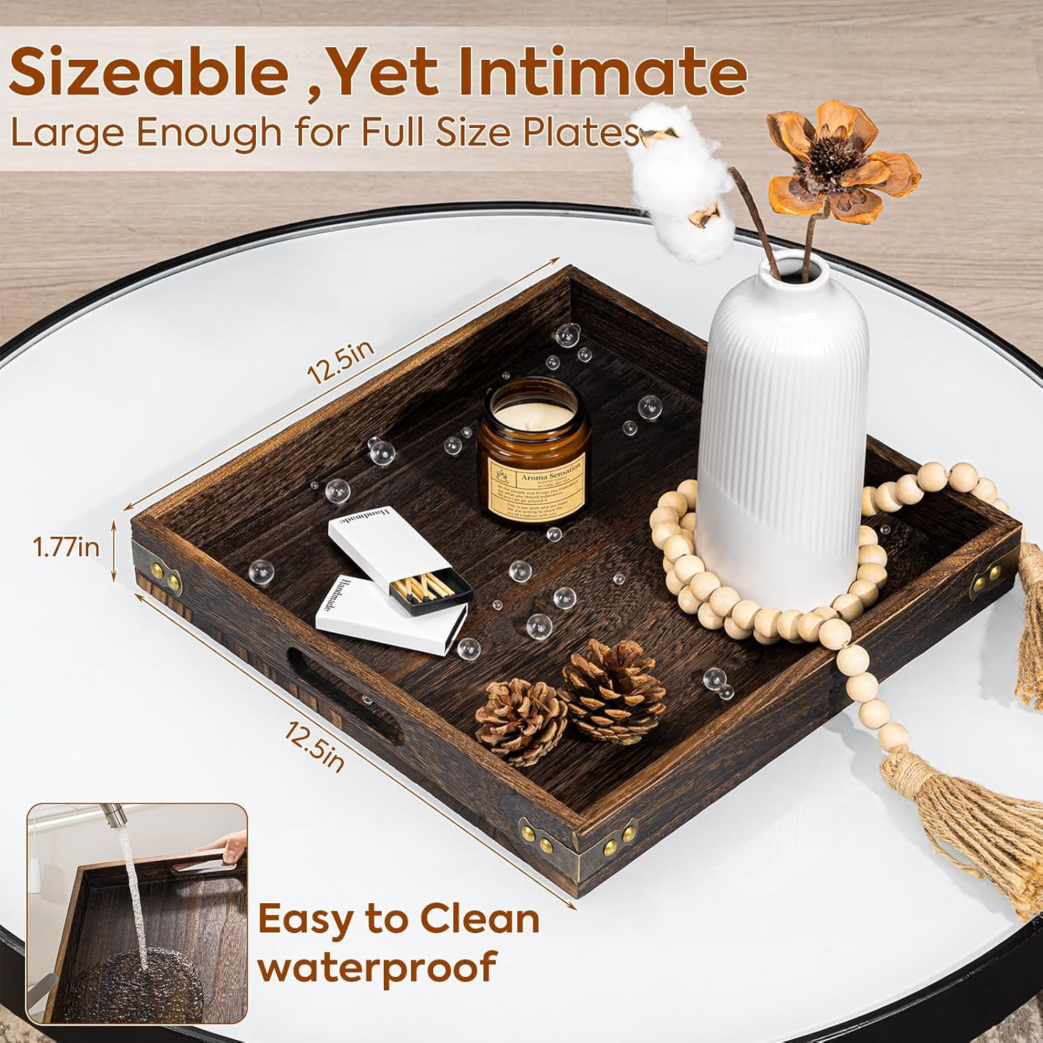 Serving Tray with Handles,13"*13"Wood Decorative Tray for Living Room,Modern Cof gallery