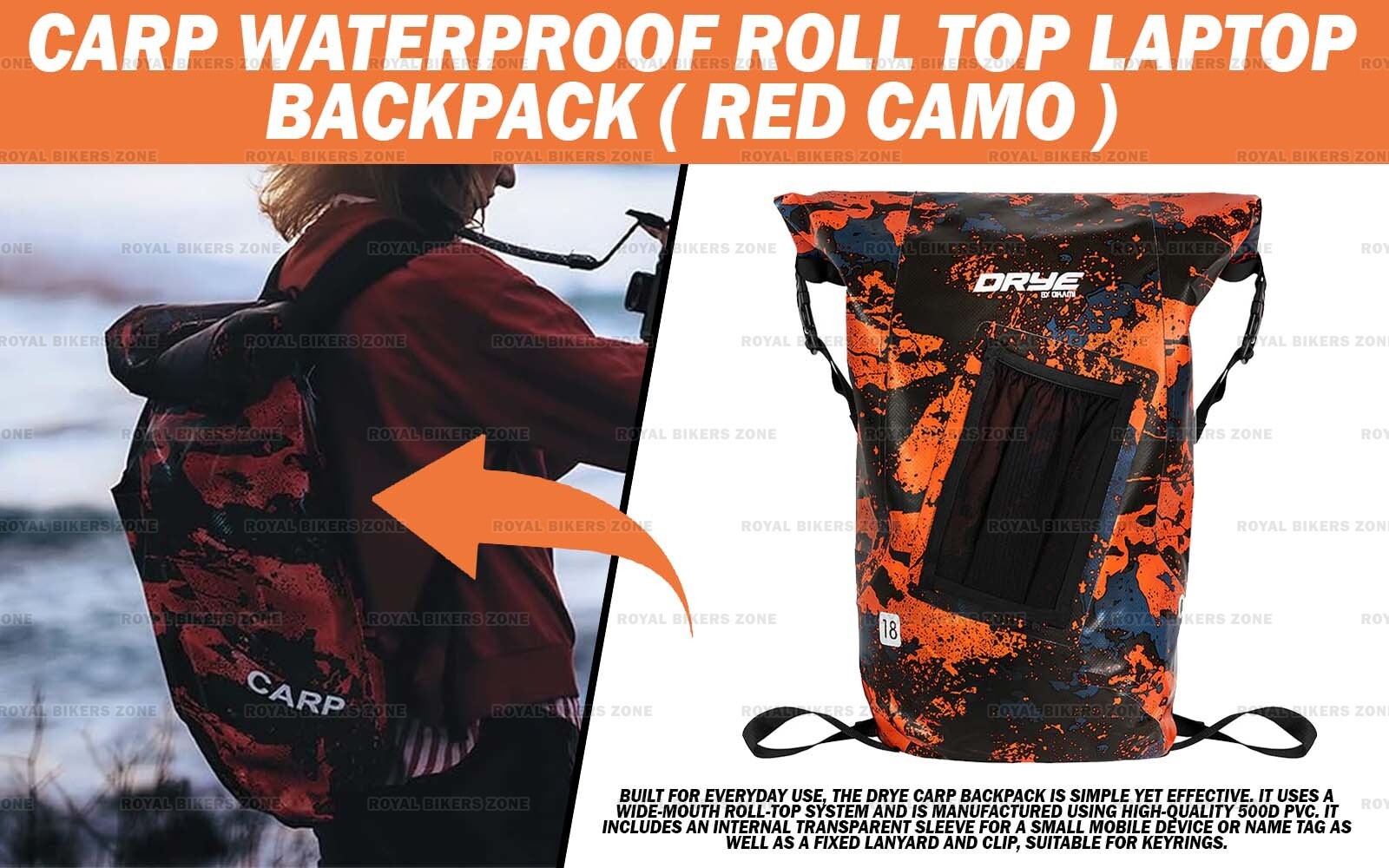 "Red Camo Carp Waterproof Roll Top Laptop Backpack"
