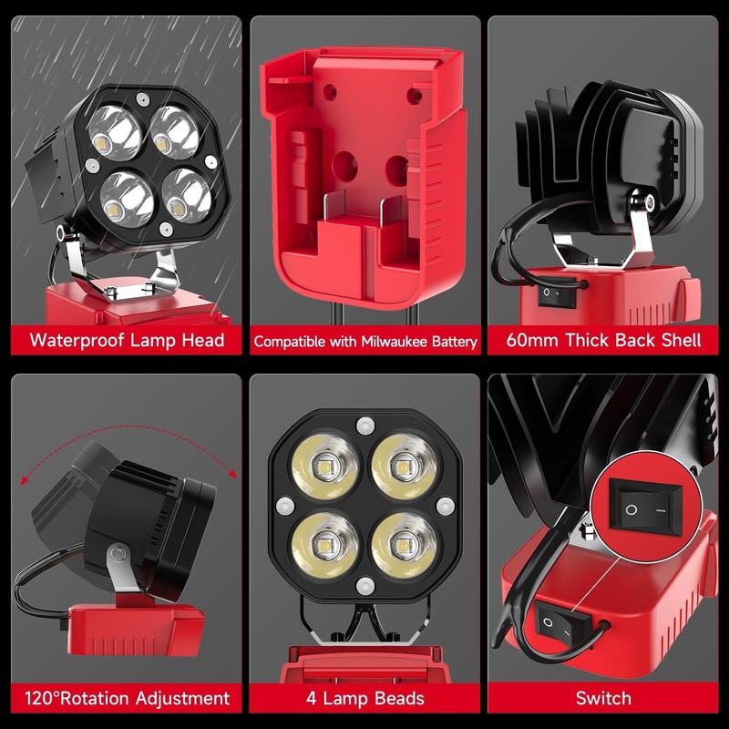 40W 6000LM flashlight，Wireless LED Compatible with Milwaukee 18V Battery gallery