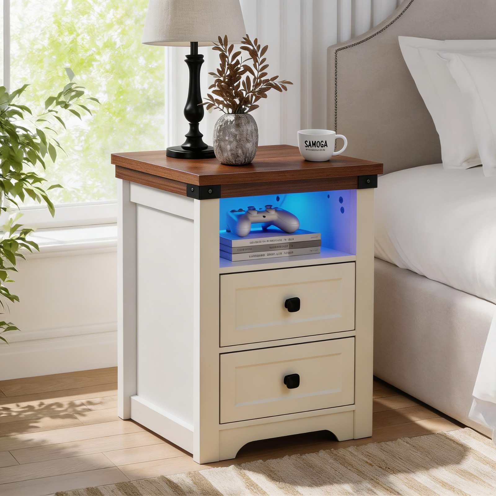 Farmhouse Side Table with Charging Station Nightstands with Drawers,Open Shelf gallery