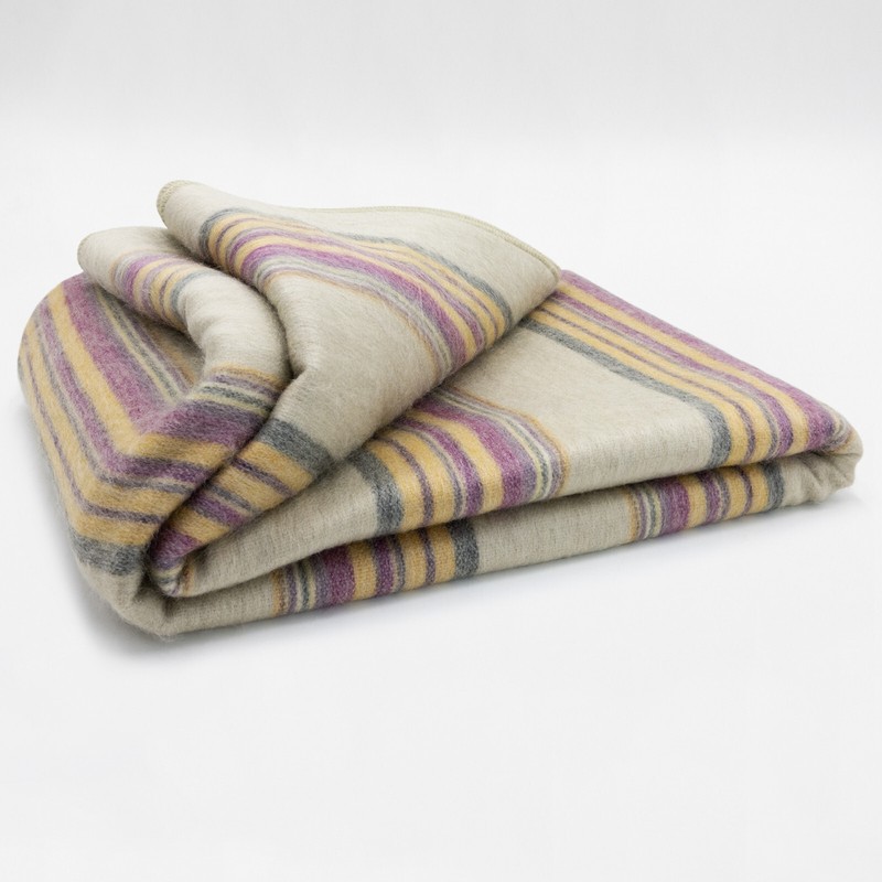 COSY CLOUD SOFT ALPACA WOOL BLANKET 96” X 65” STRIPES IN LAVENDER, GOLD & GRAY gallery