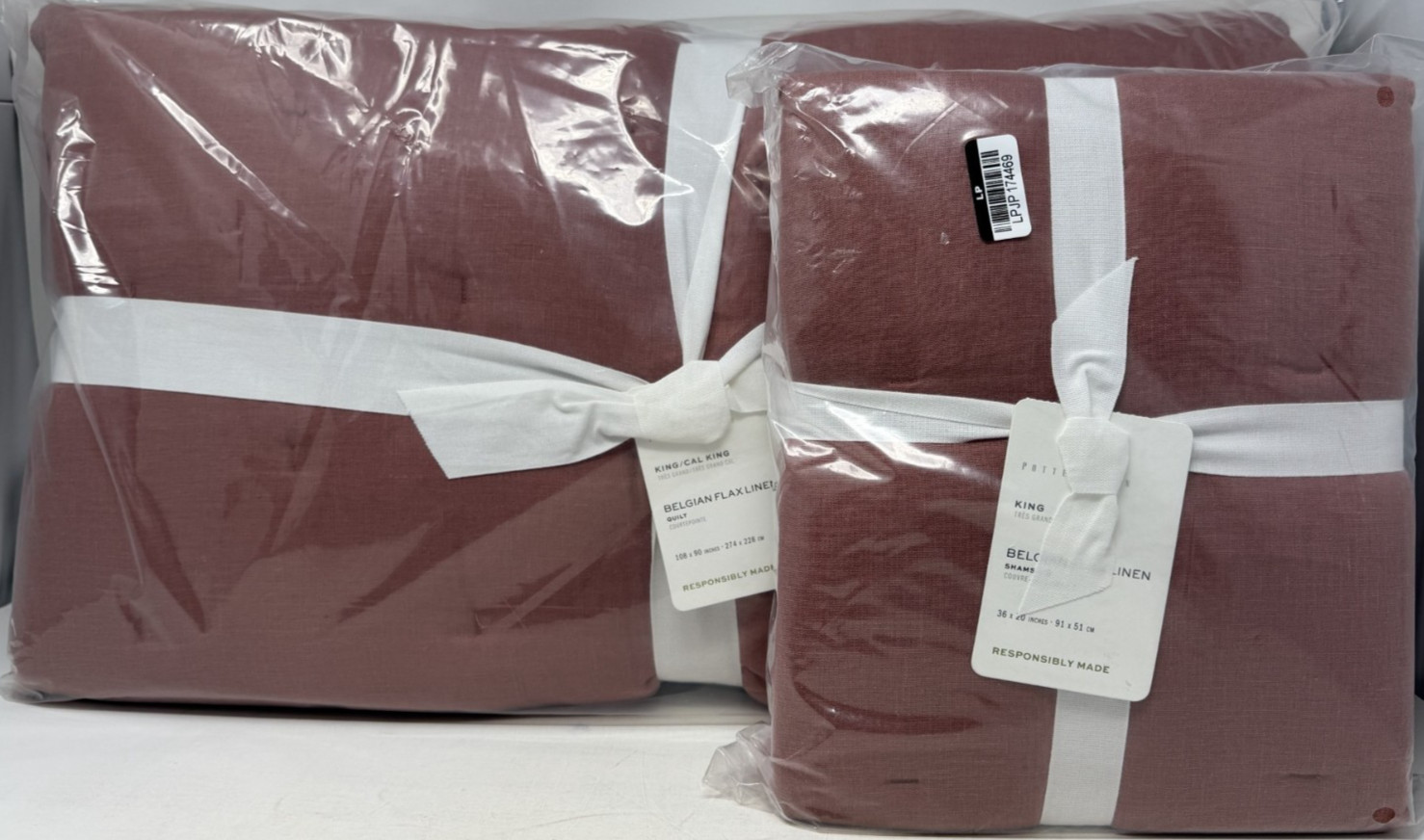 New Pottery Barn Belgain Flax Linen Tufted KING Quilt & 2 King Shams ~Rosewood~ gallery