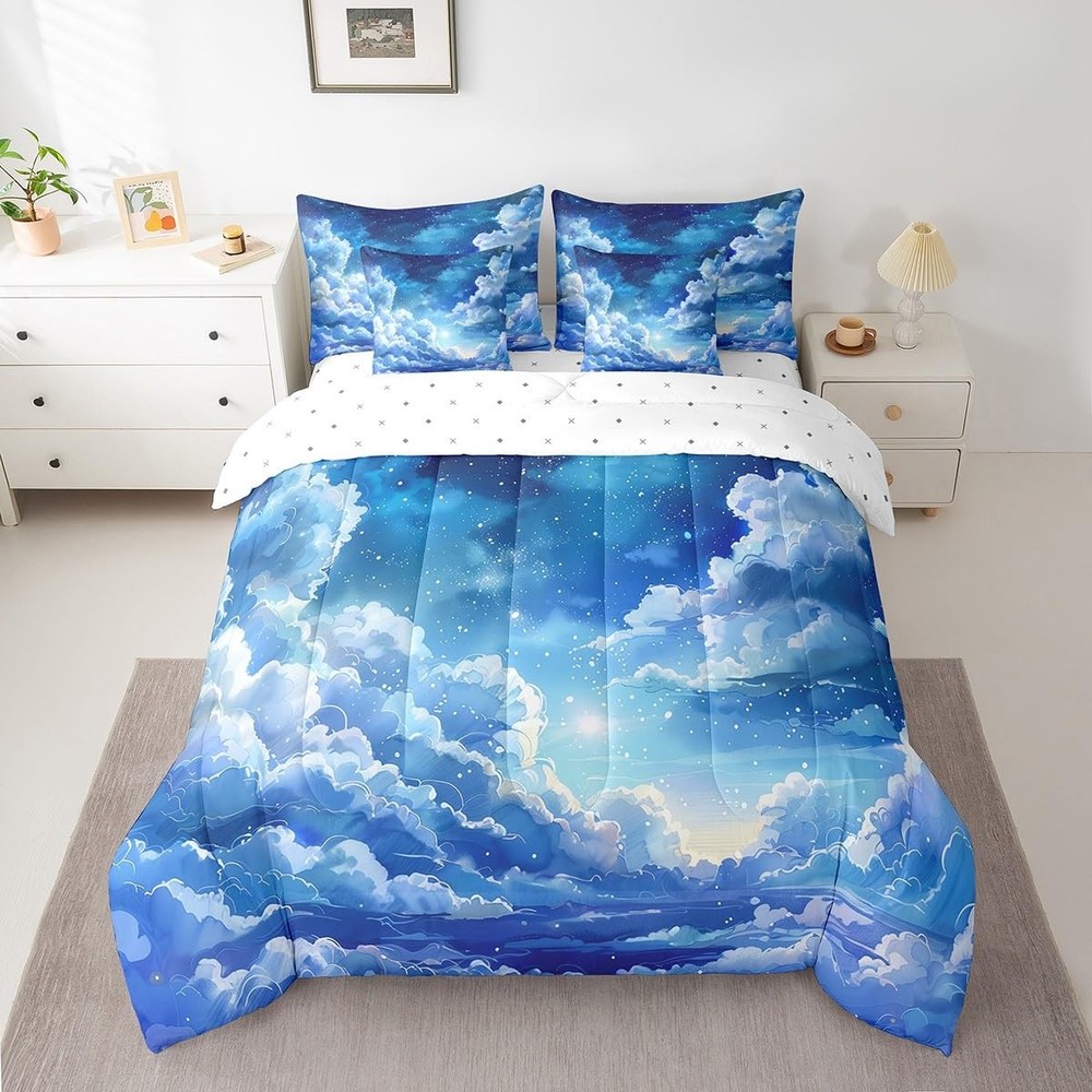 Blue Night Sky Comforter Set with Sheets Clouds Stars Moon Printed 7 Piece Be...