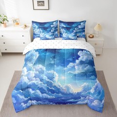 Blue Night Sky Comforter Set with Sheets Clouds Stars Moon Printed 7 Piece Be…