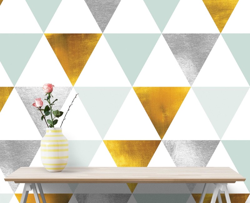 Triangle Geometric Abstract Pattern Wall Mural. Gold, Silver, Teal, Turquoise an gallery