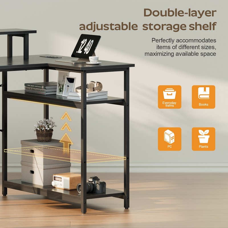 L Shaped Computer Desk with LED Light & Power Outlets, Corner Desk with Side Bag gallery