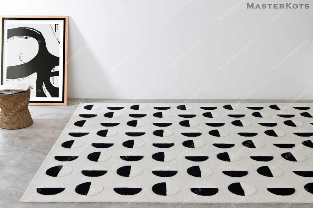 Lunar Eclipse Black & White Hand Tufted 100% Wool Soft Area Rug Carpet.