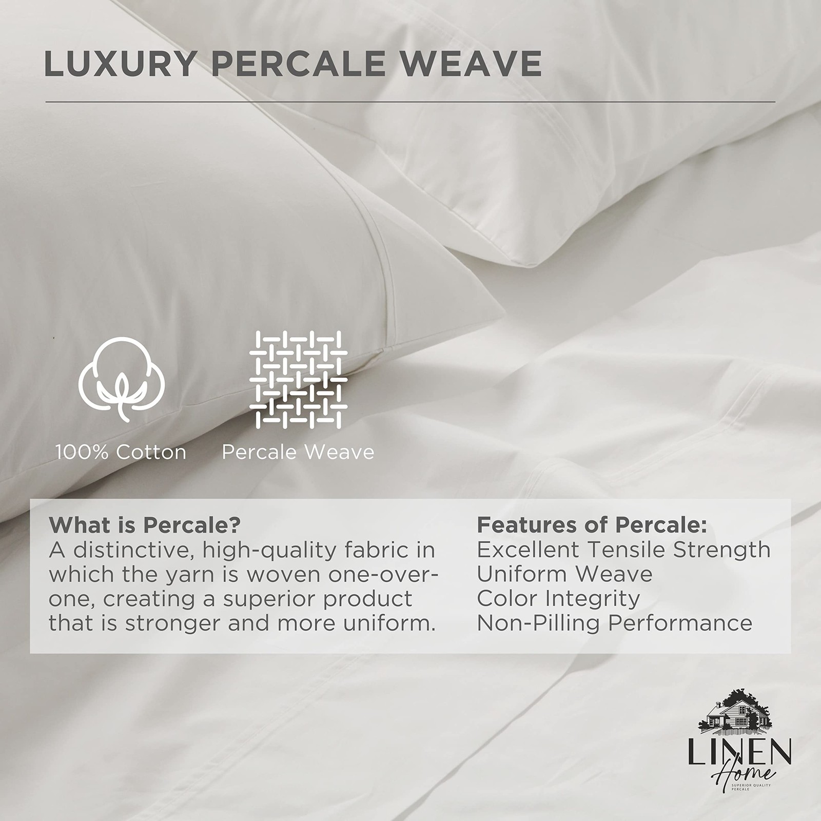 Linen Home 100% Cotton Percale Weave Fitted Sheet, Queen Size, White, 1 Deep Poc gallery