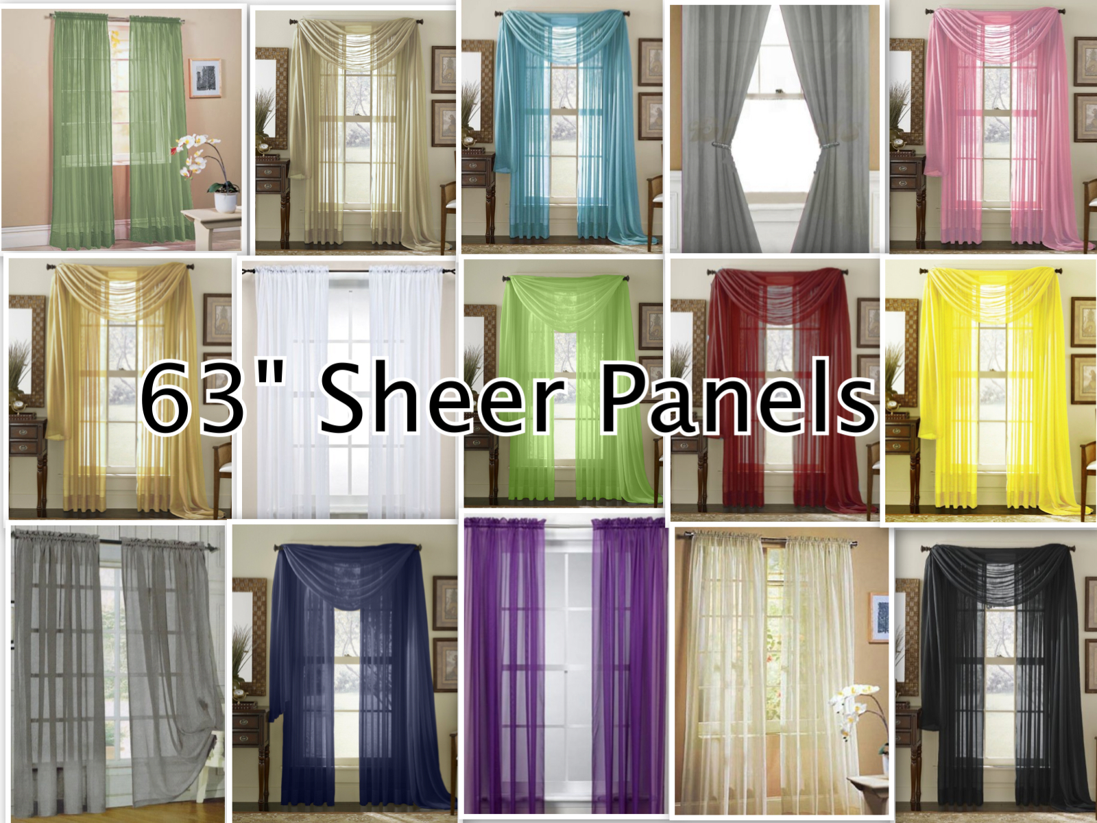 2-Piece Sheer Voile Window Treatment Curtain Short Panel 63" Long Solid Colors gallery