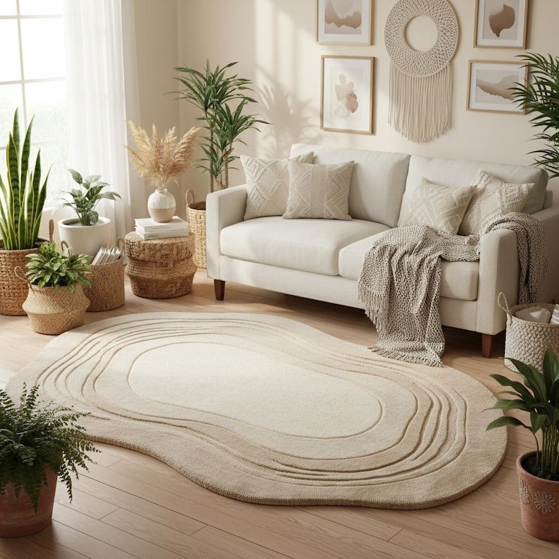 Hand Tufted Irregular Shape Rug – Minimalist Beige Area Rug, Tufted Wool Carpet gallery