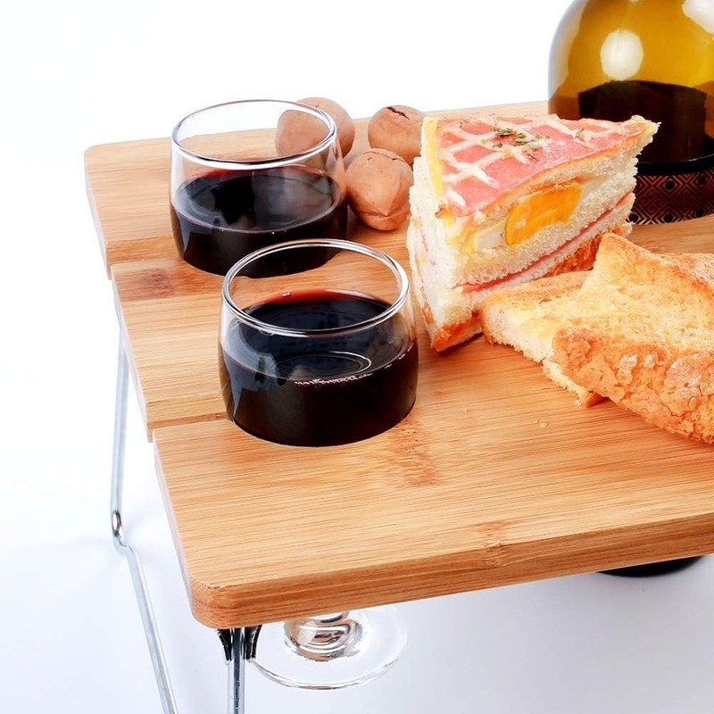 Travel-Friendly Wine Table - Bamboo Folding Snack Tray with Glass & Bottle Slots gallery
