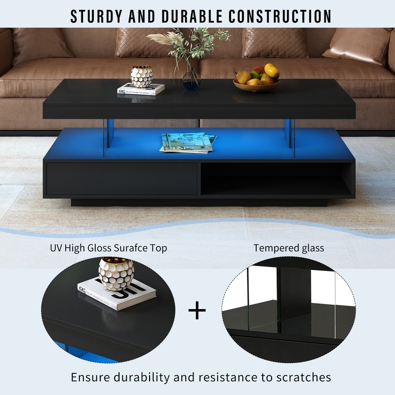 LED Coffee Table with 2 Storage Drawers and Open Shelves High-Gloss Center Table gallery