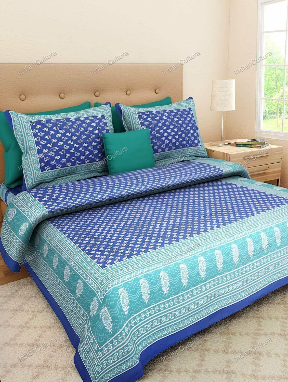 Traditional Screen Printed Blue 3 Kaam Buti Pure Cotton Double BedSheet With 2 P gallery