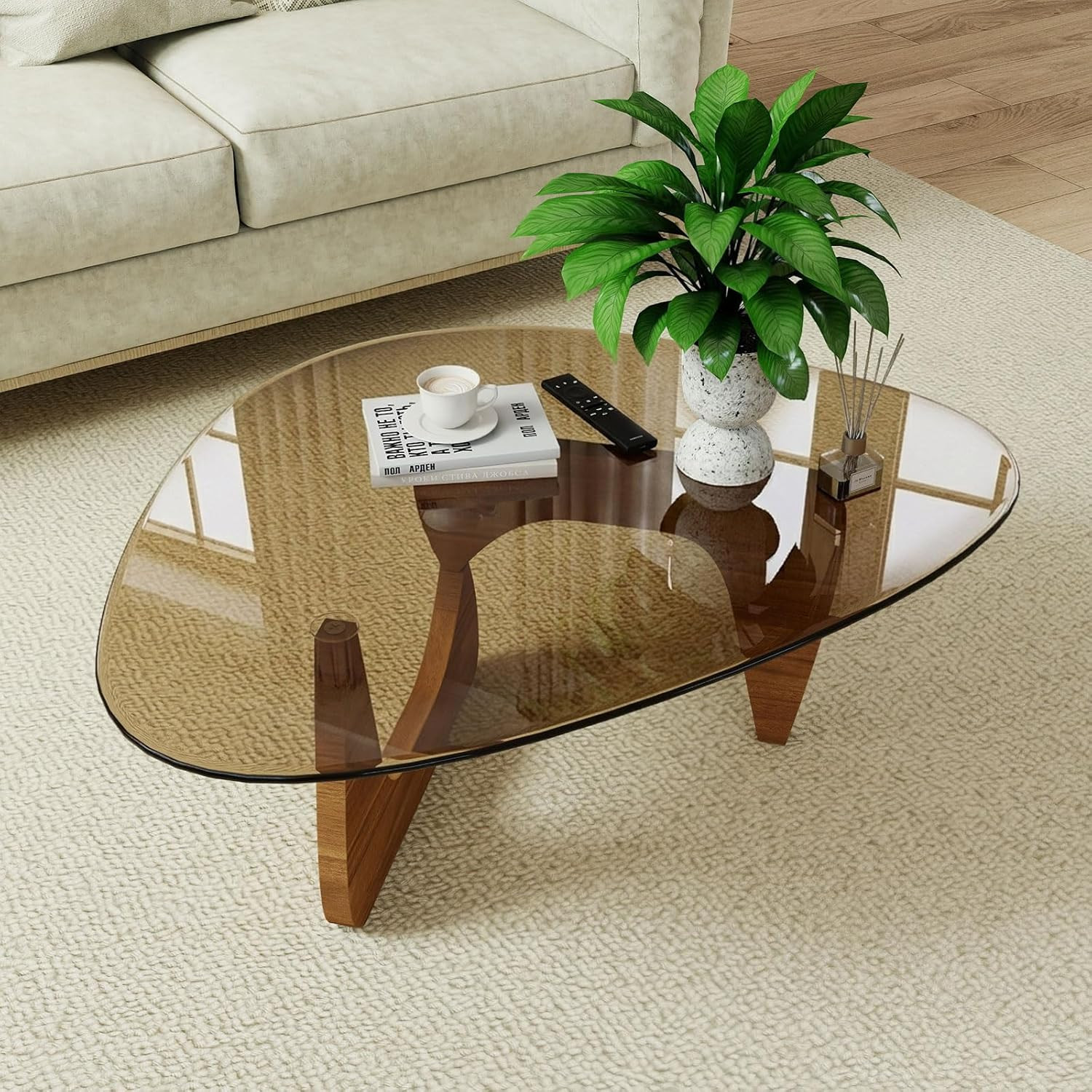 Unique Modern Coffee Table with Amber Glass Top - Irregular Accent Table gallery