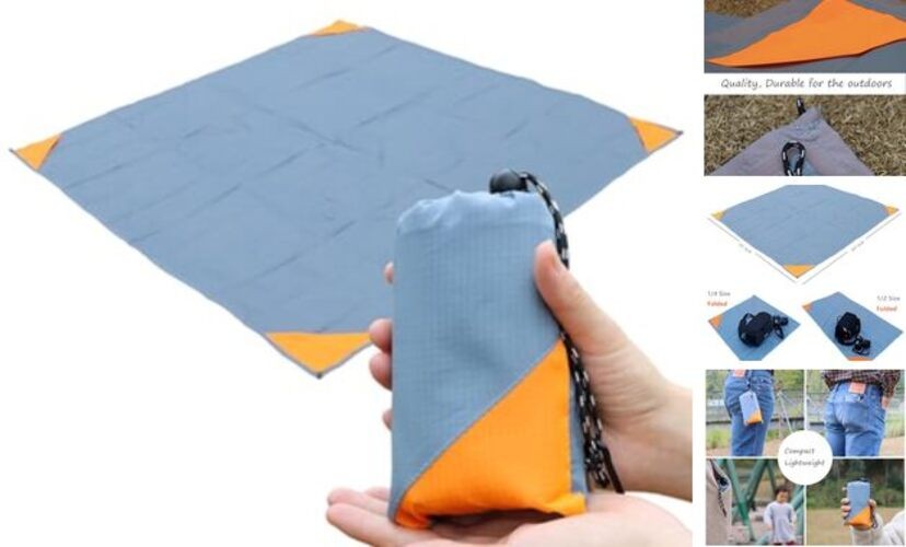 Pocket Picnic Blanket, Sandproof Lightweight Pocket 55"x60" Grey/Orange gallery